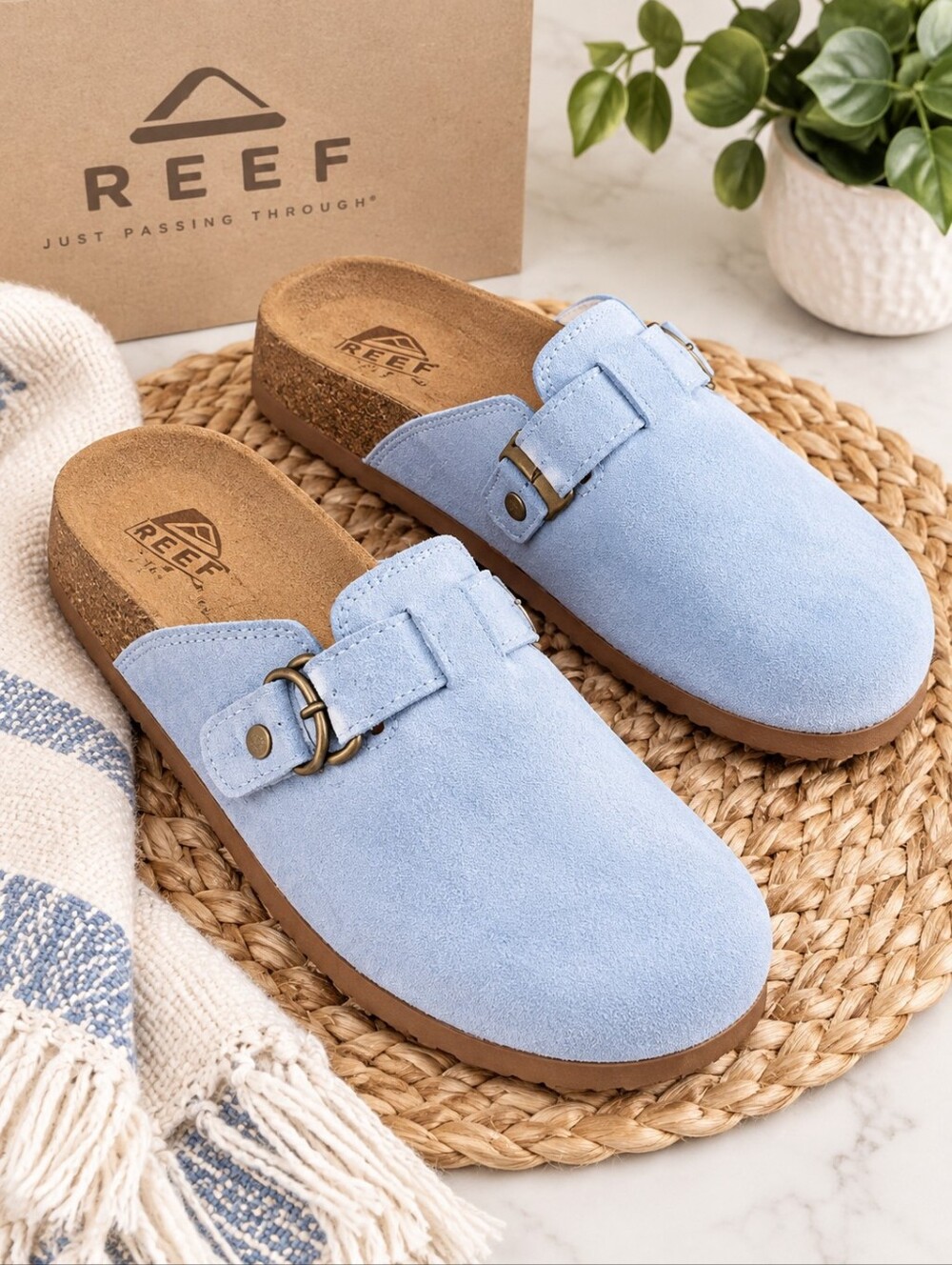 REEF Vista Serenity Clogs | Light Blue Suede | Buckle | Women’s 7